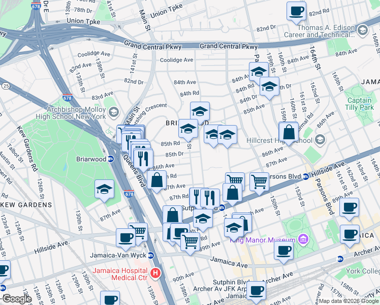 map of restaurants, bars, coffee shops, grocery stores, and more near 139-05 85th Drive in Queens