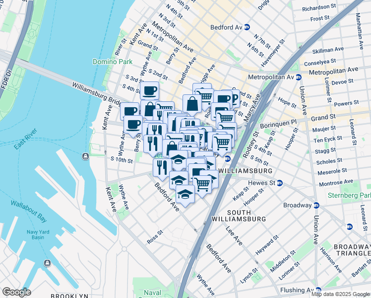 map of restaurants, bars, coffee shops, grocery stores, and more near 190 South 8th Street in Brooklyn