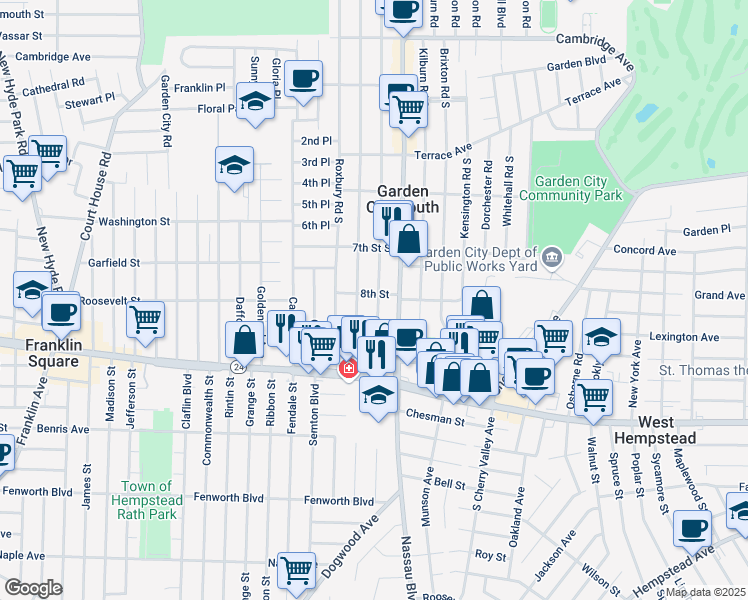 map of restaurants, bars, coffee shops, grocery stores, and more near 70 Euston Road South in West Hempstead
