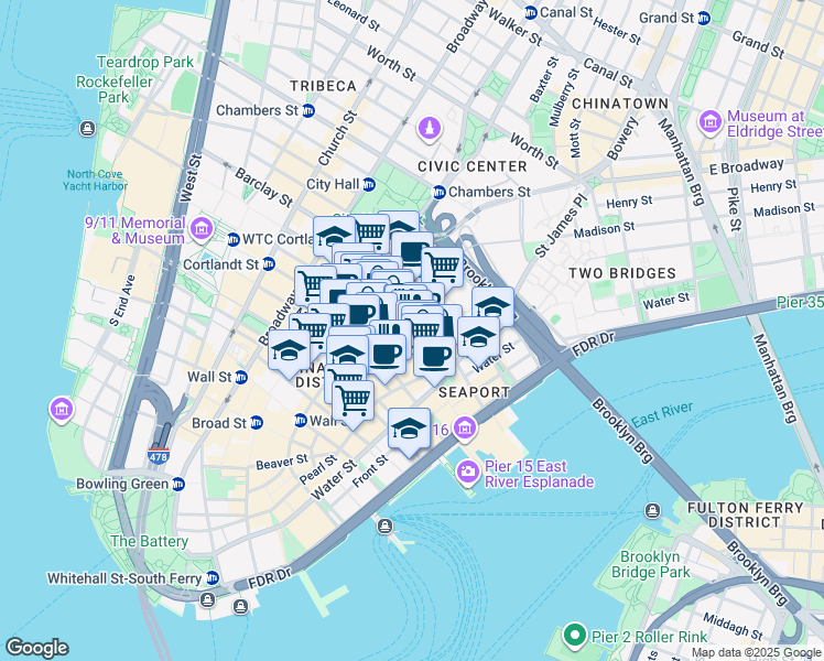 map of restaurants, bars, coffee shops, grocery stores, and more near 77 Fulton Street in New York