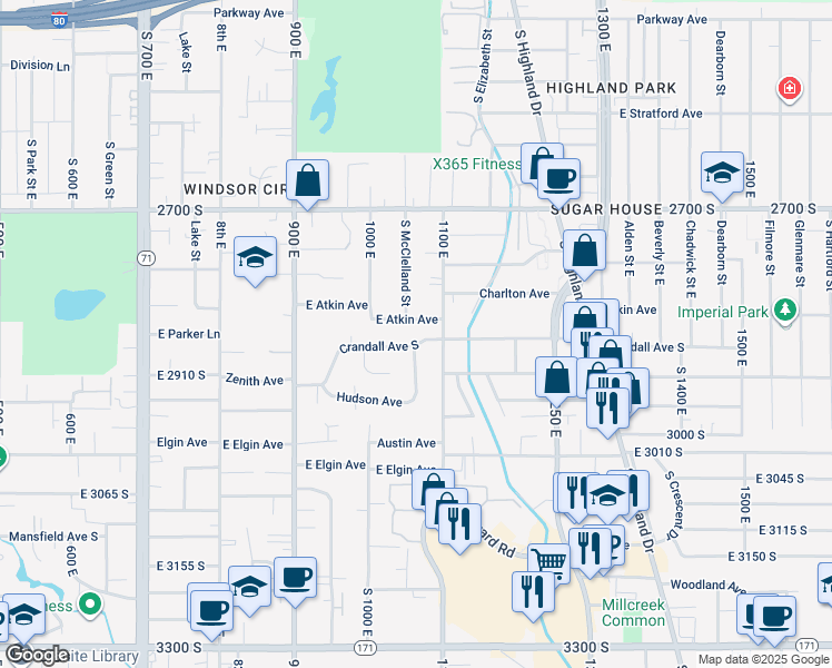 map of restaurants, bars, coffee shops, grocery stores, and more near 2878 South McClelland Street in Salt Lake City