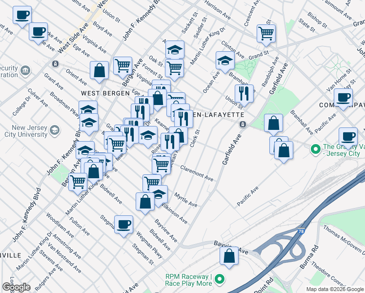 map of restaurants, bars, coffee shops, grocery stores, and more near 131 Clerk Street in Jersey City