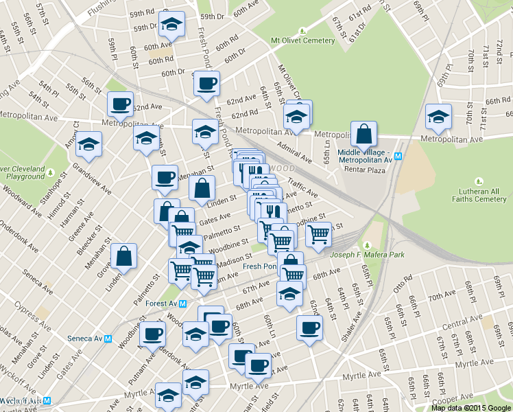 map of restaurants, bars, coffee shops, grocery stores, and more near Gates Ave & Fresh Pond Rd in Queens
