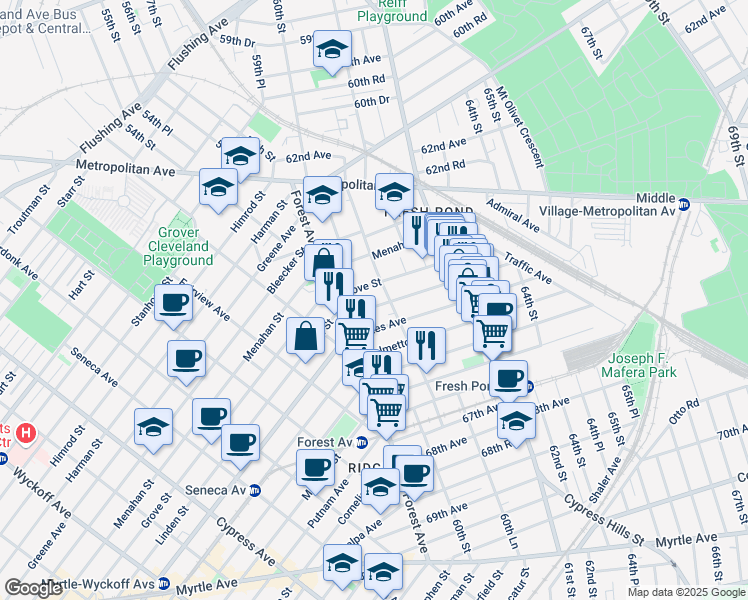 map of restaurants, bars, coffee shops, grocery stores, and more near 65-06 60th Place in Queens