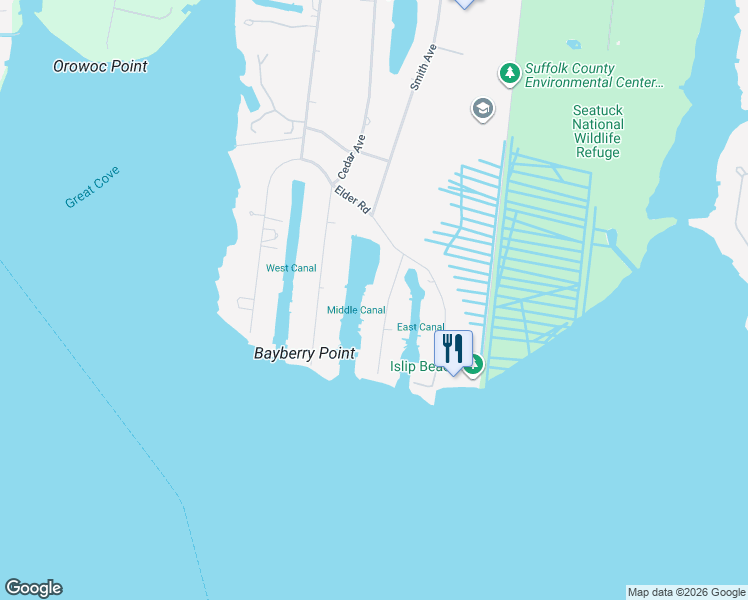 map of restaurants, bars, coffee shops, grocery stores, and more near 14 Beech Road in Islip