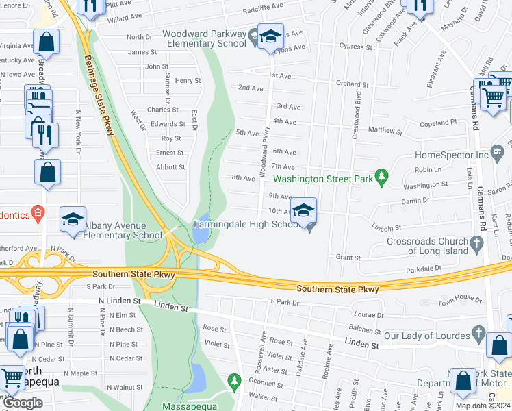 map of restaurants, bars, coffee shops, grocery stores, and more near 19 10th Avenue in Farmingdale
