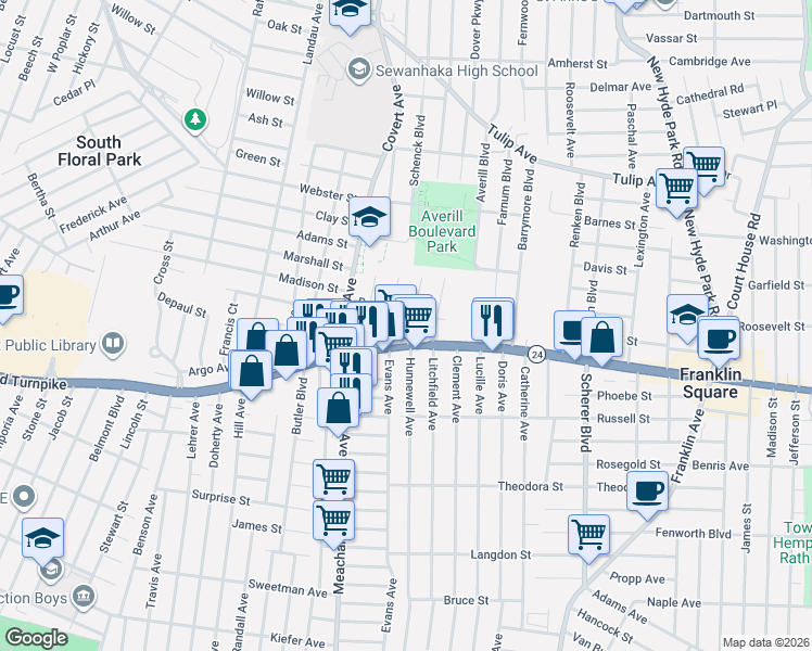 map of restaurants, bars, coffee shops, grocery stores, and more near 9 Clinton Street in Elmont