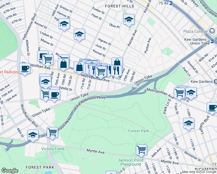 map of restaurants, bars, coffee shops, grocery stores, and more near 97-08 72nd Drive in Queens