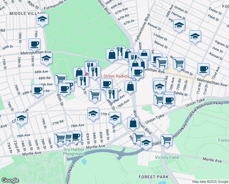 map of restaurants, bars, coffee shops, grocery stores, and more near 88-41 75th Avenue in Queens