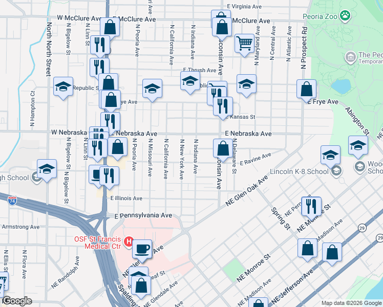 map of restaurants, bars, coffee shops, grocery stores, and more near 703 East Ravine Avenue in Peoria