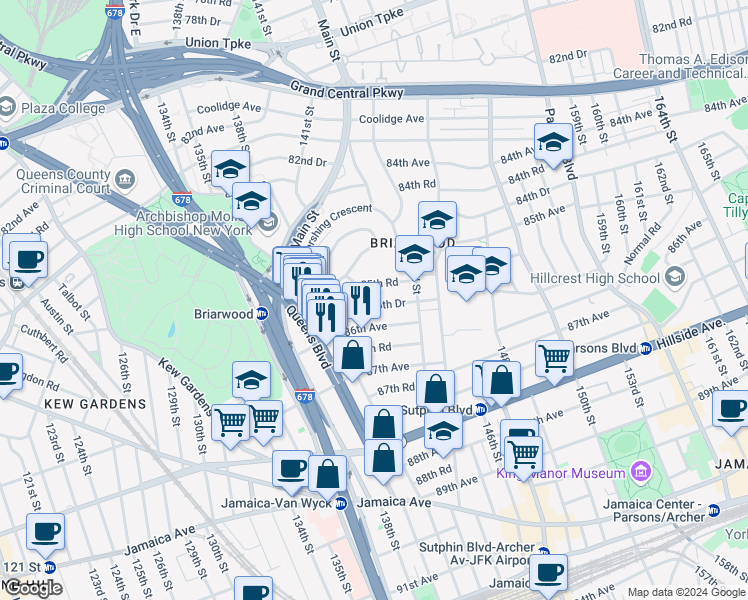 map of restaurants, bars, coffee shops, grocery stores, and more near 139-49 85th Drive in Queens