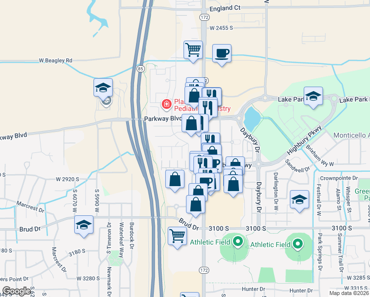 map of restaurants, bars, coffee shops, grocery stores, and more near 2807 Archmore Court in West Valley City