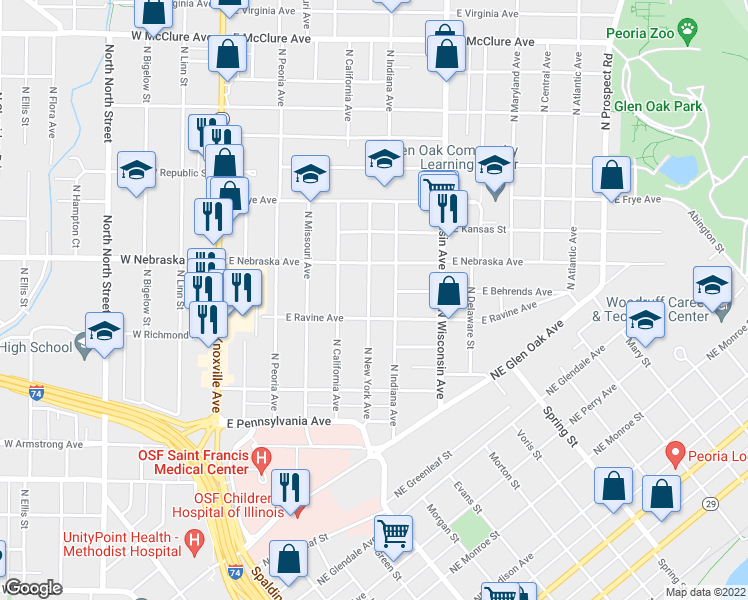 map of restaurants, bars, coffee shops, grocery stores, and more near 1810 North New York Avenue in Peoria