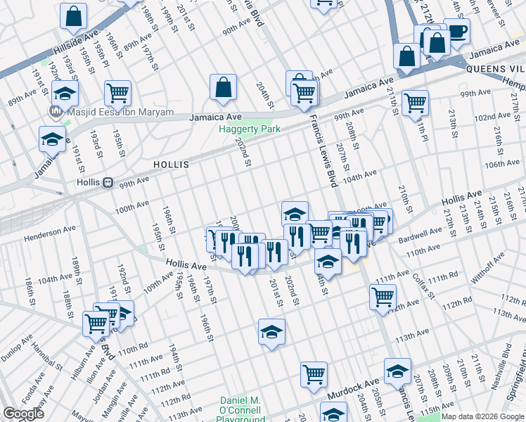 map of restaurants, bars, coffee shops, grocery stores, and more near 104-25 202nd Street in Queens