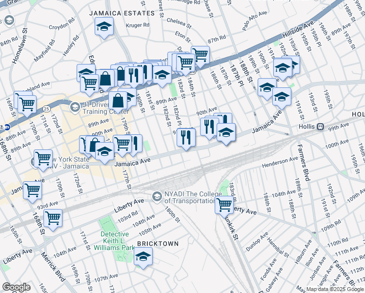 map of restaurants, bars, coffee shops, grocery stores, and more near 181-14 Jamaica Avenue in Queens
