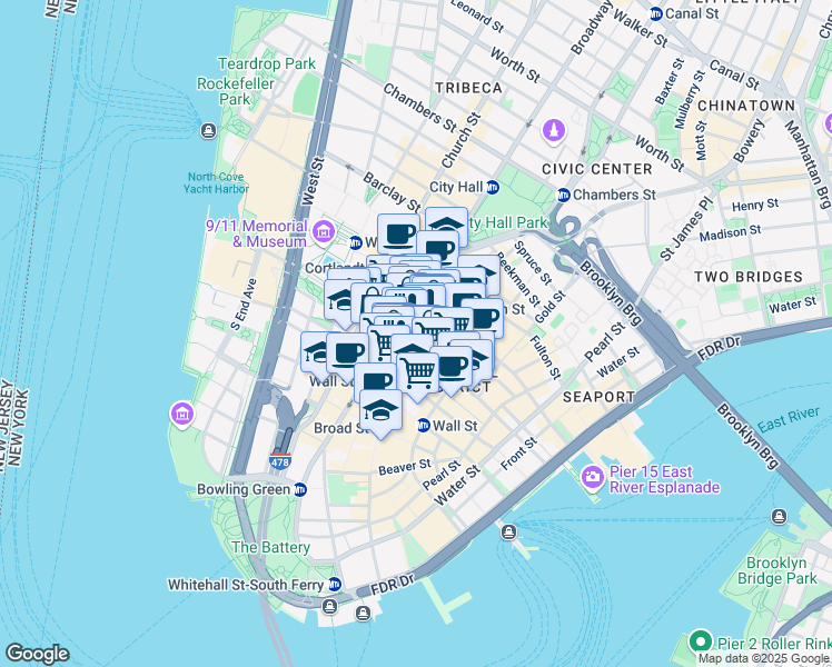 map of restaurants, bars, coffee shops, grocery stores, and more near 28 Liberty Street in New York