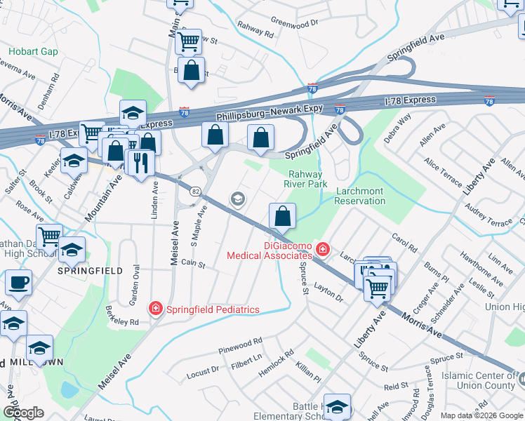 map of restaurants, bars, coffee shops, grocery stores, and more near 10 Marion Avenue in Springfield
