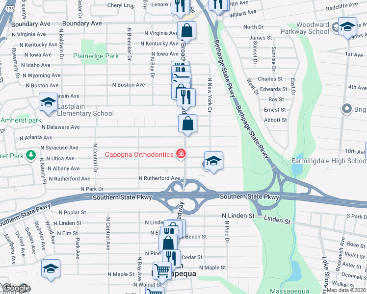 map of restaurants, bars, coffee shops, grocery stores, and more near 205 North Syracuse Avenue in North Massapequa