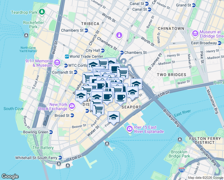 map of restaurants, bars, coffee shops, grocery stores, and more near Fulton St & Gold St in New York
