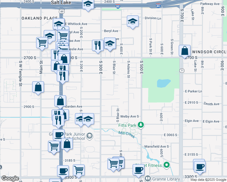 map of restaurants, bars, coffee shops, grocery stores, and more near South Blair Street in Salt Lake City