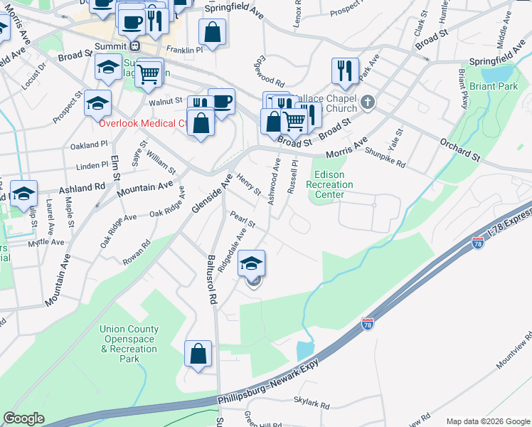 map of restaurants, bars, coffee shops, grocery stores, and more near 59 Ashwood Avenue in Summit