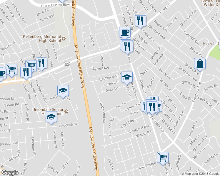 map of restaurants, bars, coffee shops, grocery stores, and more near 1461 Rose Lane in East Meadow