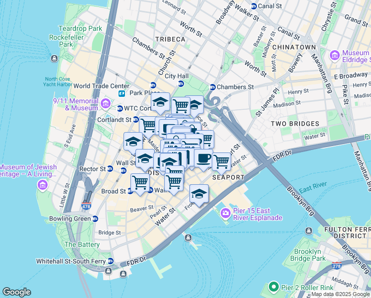 map of restaurants, bars, coffee shops, grocery stores, and more near 66 John Street in New York