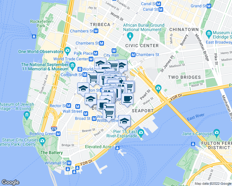 map of restaurants, bars, coffee shops, grocery stores, and more near 106 William Street in New York