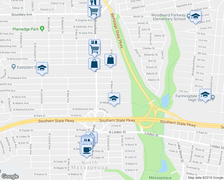 map of restaurants, bars, coffee shops, grocery stores, and more near 1063 North New York Drive in Massapequa
