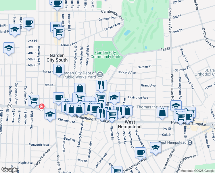 map of restaurants, bars, coffee shops, grocery stores, and more near 120 Osborne Road in West Hempstead