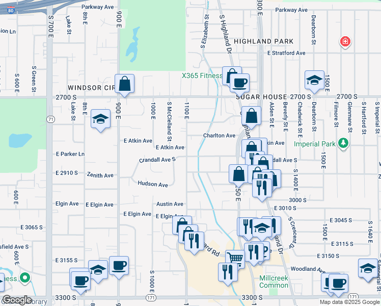 map of restaurants, bars, coffee shops, grocery stores, and more near 2887 South 1100 East in Salt Lake City