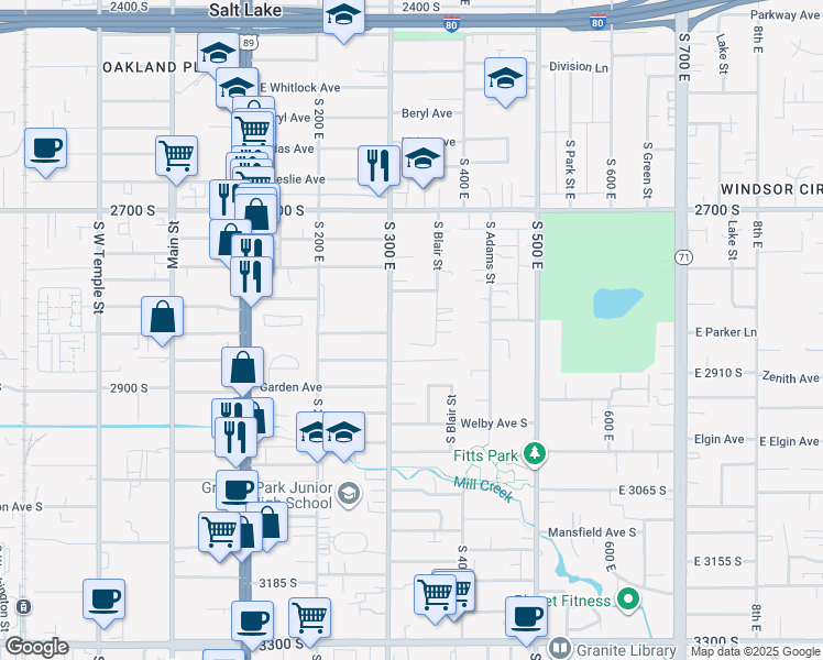 map of restaurants, bars, coffee shops, grocery stores, and more near 315 East Maxwell Lane in South Salt Lake