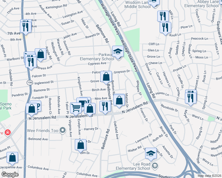 map of restaurants, bars, coffee shops, grocery stores, and more near 605 Benton Road in East Meadow