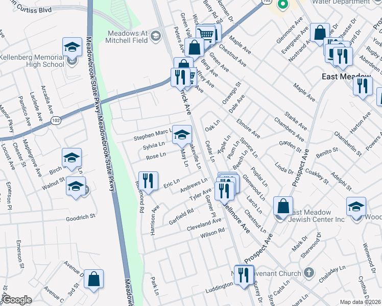 map of restaurants, bars, coffee shops, grocery stores, and more near 530 Lakeville Lane in East Meadow