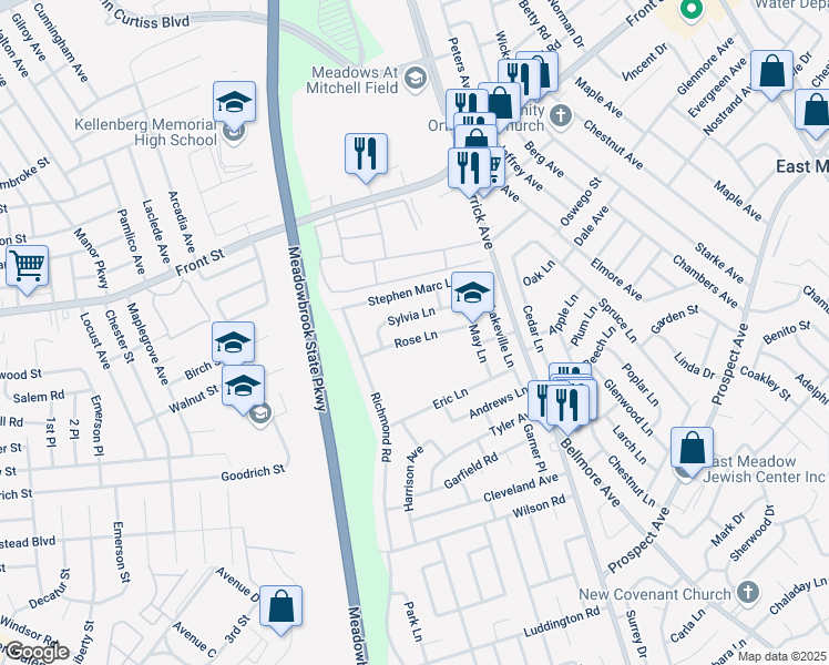 map of restaurants, bars, coffee shops, grocery stores, and more near 1461 Rose Lane in East Meadow
