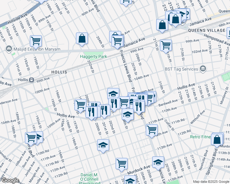 map of restaurants, bars, coffee shops, grocery stores, and more near 104-36 204th Street in Queens