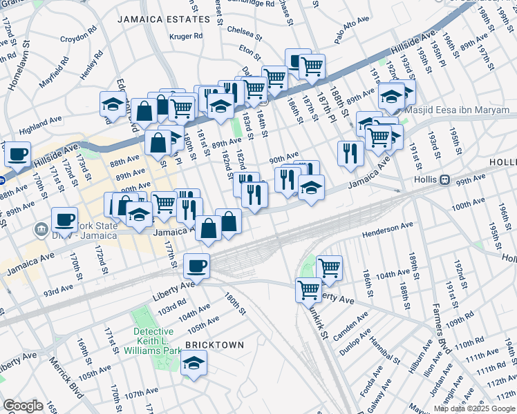 map of restaurants, bars, coffee shops, grocery stores, and more near 182-30 Jamaica Avenue in Queens