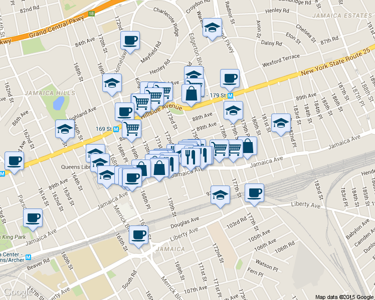 map of restaurants, bars, coffee shops, grocery stores, and more near 91-03 172nd Street in Queens