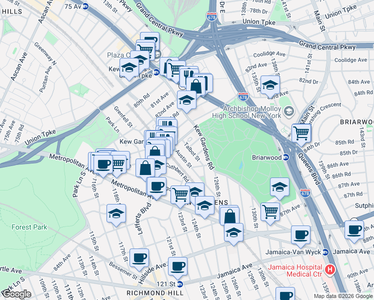 map of restaurants, bars, coffee shops, grocery stores, and more near 33 Austin Street in Queens