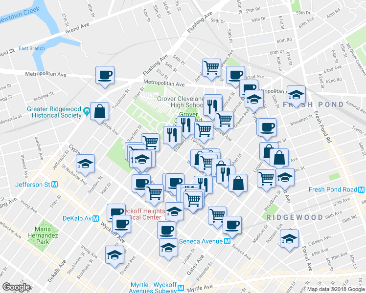 map of restaurants, bars, coffee shops, grocery stores, and more near 19-12 Himrod Street in Queens