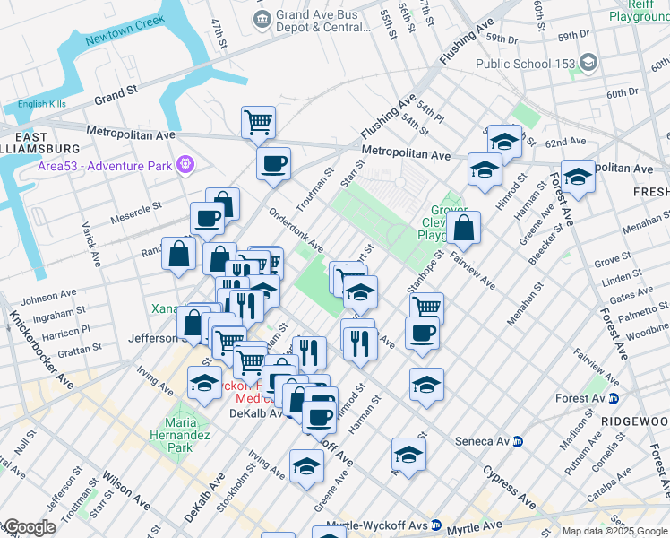 map of restaurants, bars, coffee shops, grocery stores, and more near 1808 Willoughby Avenue in Queens