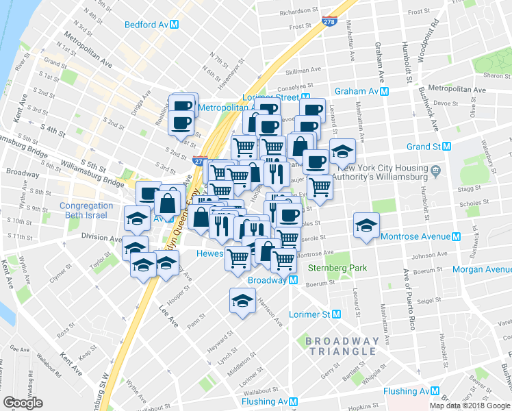 map of restaurants, bars, coffee shops, grocery stores, and more near in Brooklyn