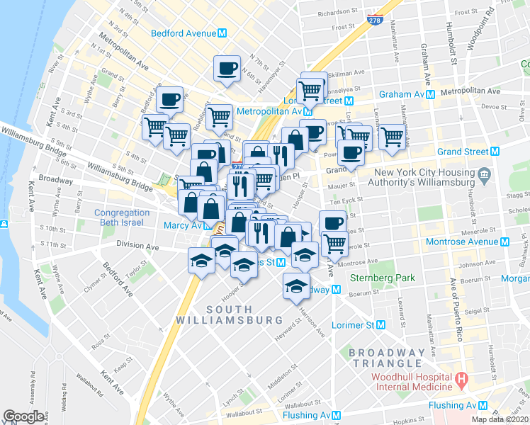 map of restaurants, bars, coffee shops, grocery stores, and more near 338 South 4th Street in Brooklyn