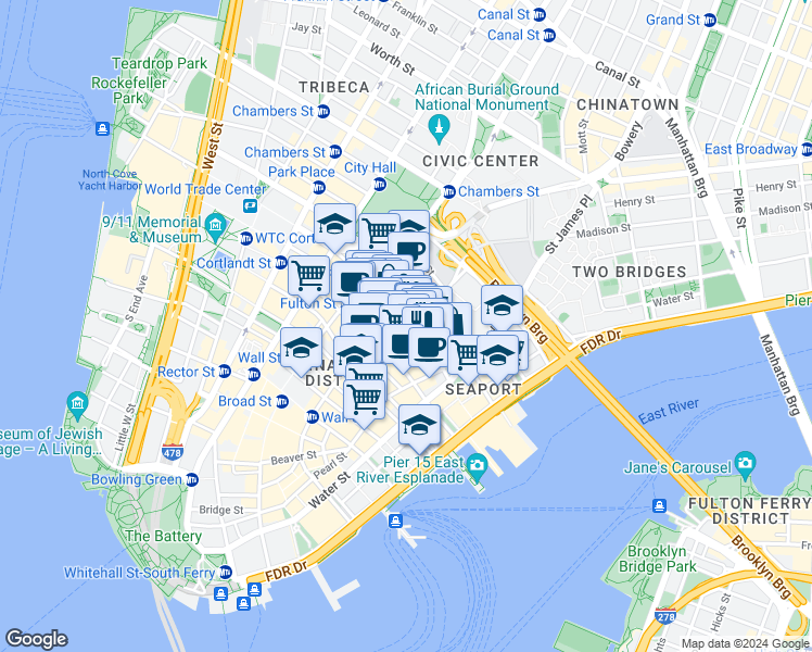 map of restaurants, bars, coffee shops, grocery stores, and more near 25 Cliff Street in New York