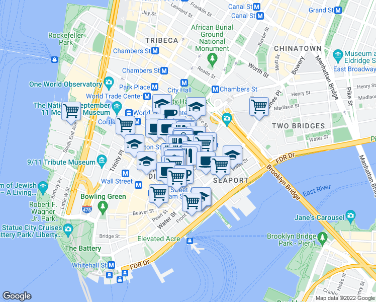 map of restaurants, bars, coffee shops, grocery stores, and more near 106 William Street in New York
