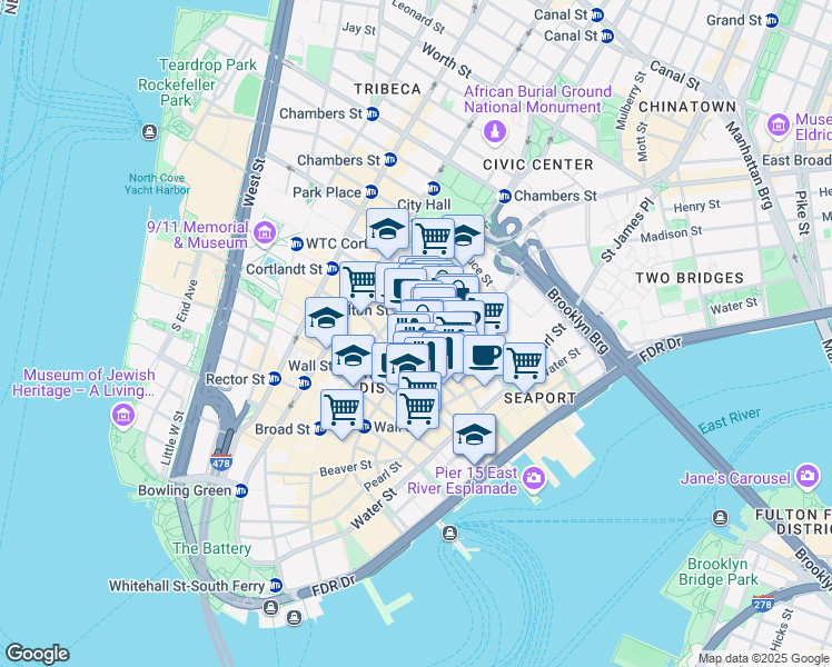 map of restaurants, bars, coffee shops, grocery stores, and more near 106 William Street in New York