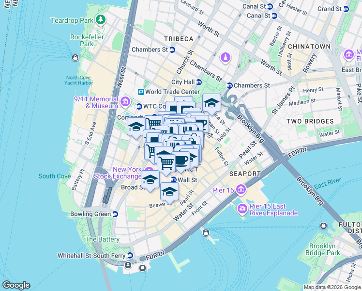 map of restaurants, bars, coffee shops, grocery stores, and more near 28 Liberty Street in New York