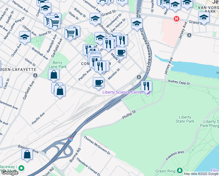 map of restaurants, bars, coffee shops, grocery stores, and more near 258 Communipaw Avenue in Jersey City