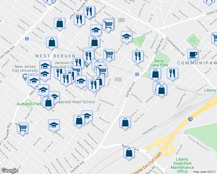 map of restaurants, bars, coffee shops, grocery stores, and more near 131 Clerk Street in Jersey City