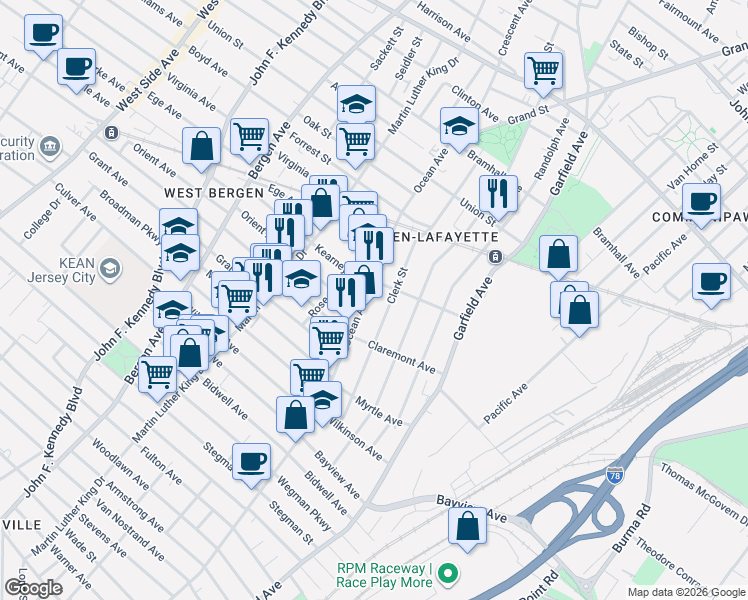 map of restaurants, bars, coffee shops, grocery stores, and more near 131 Clerk Street in Jersey City